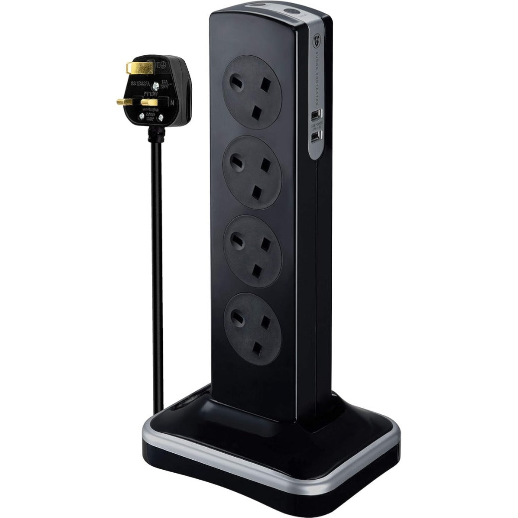 Socket Surge Protected Power Centre Extension Lead, 2 Metre, Black