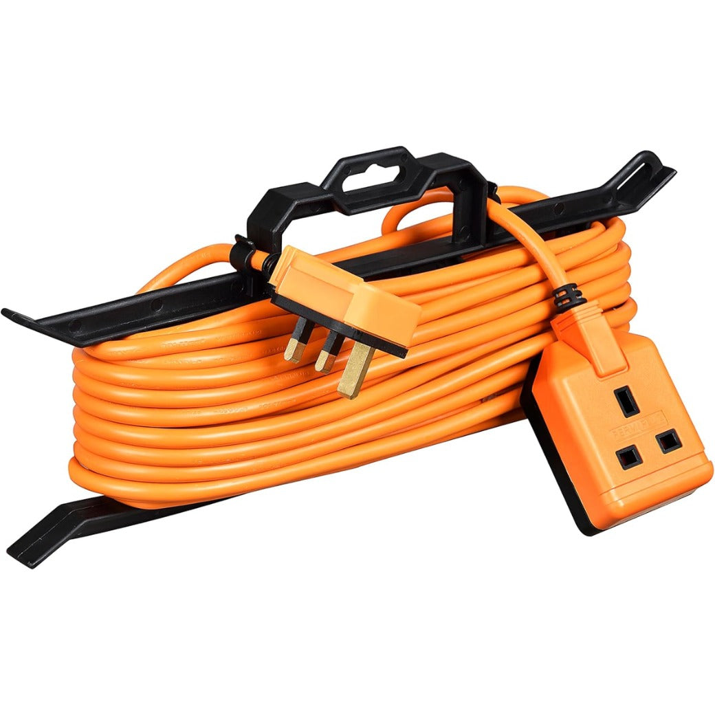 One Socket Single Outdoor Extension Lead, 15 Metre Cable, Cable Tidy, Unswitched, Heavy Duty, Rewireable, 1-Way Plug Extension Cable, Orange, 13A, 1G, 15m, CT1513