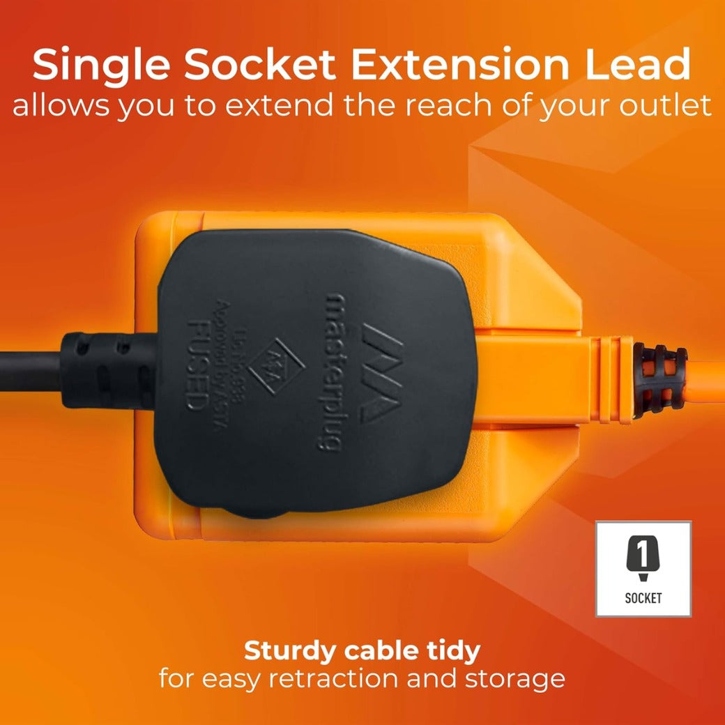 One Socket Single Outdoor Extension Lead, 15 Metre Cable, Cable Tidy, Unswitched, Heavy Duty, Rewireable, 1-Way Plug Extension Cable, Orange, 13A, 1G, 15m, CT1513