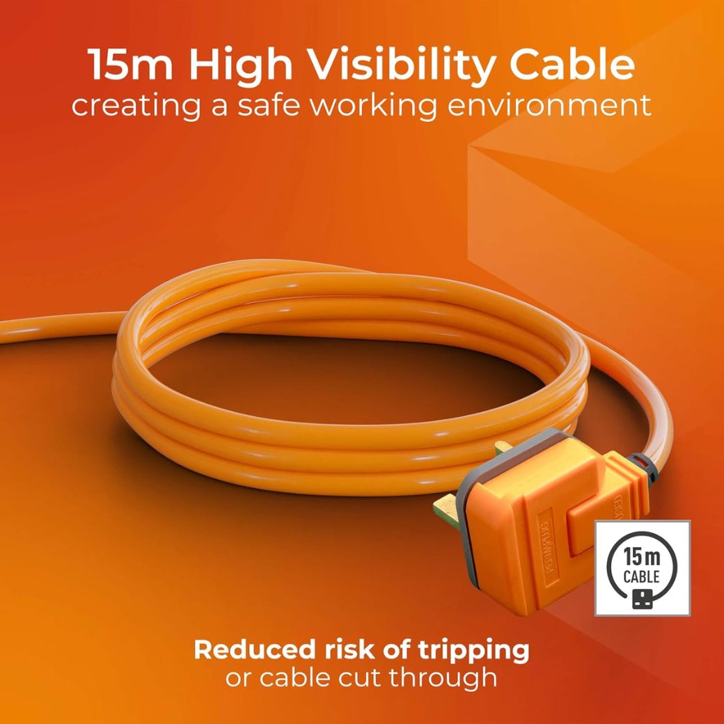 One Socket Single Outdoor Extension Lead, 15 Metre Cable, Cable Tidy, Unswitched, Heavy Duty, Rewireable, 1-Way Plug Extension Cable, Orange, 13A, 1G, 15m, CT1513