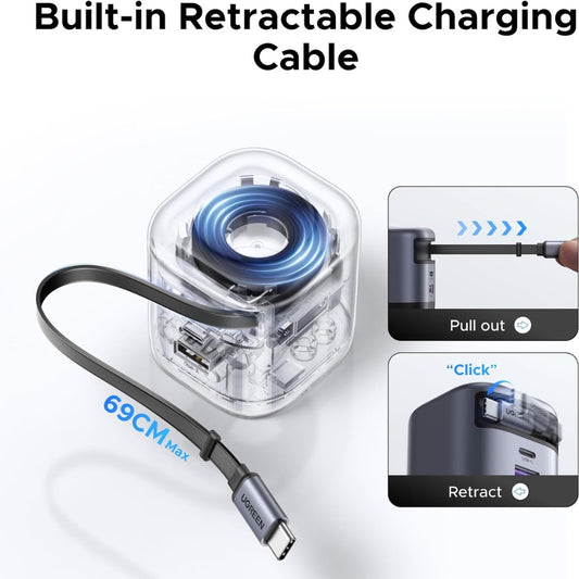 USB C Charger Plug, 45W 3-Port Fast Charger Plug with Retractable Cable, USB C Charger Compatible with iPhone 16/15/14/13/12, iPad, Galaxy S25/S24/S23, Pixel 9/8