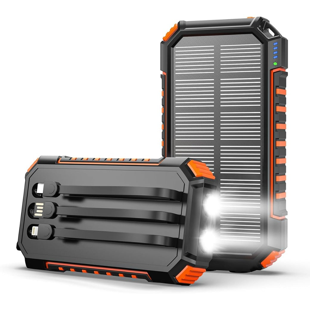Hiluckey Power Bank Solar Charger - 27000mAh with Built-in 3 Cables Five Outputs 15W Fast Charging External Battery Pack for All Mobile Devices Solar Portable Charger with Dual Flashlights