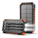 Hiluckey Power Bank Solar Charger - 27000mAh with Built-in 3 Cables Five Outputs 15W Fast Charging External Battery Pack for All Mobile Devices Solar Portable Charger with Dual Flashlights