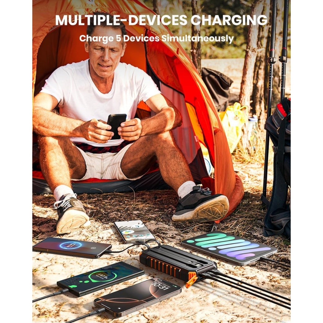 Hiluckey Power Bank Solar Charger - 27000mAh with Built-in 3 Cables Five Outputs 15W Fast Charging External Battery Pack for All Mobile Devices Solar Portable Charger with Dual Flashlights