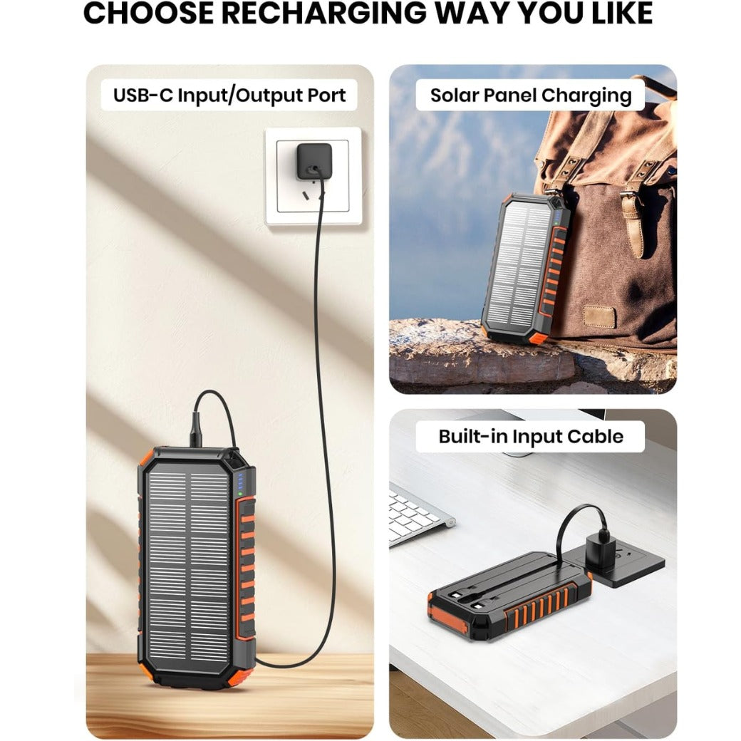 Hiluckey Power Bank Solar Charger - 27000mAh with Built-in 3 Cables Five Outputs 15W Fast Charging External Battery Pack for All Mobile Devices Solar Portable Charger with Dual Flashlights