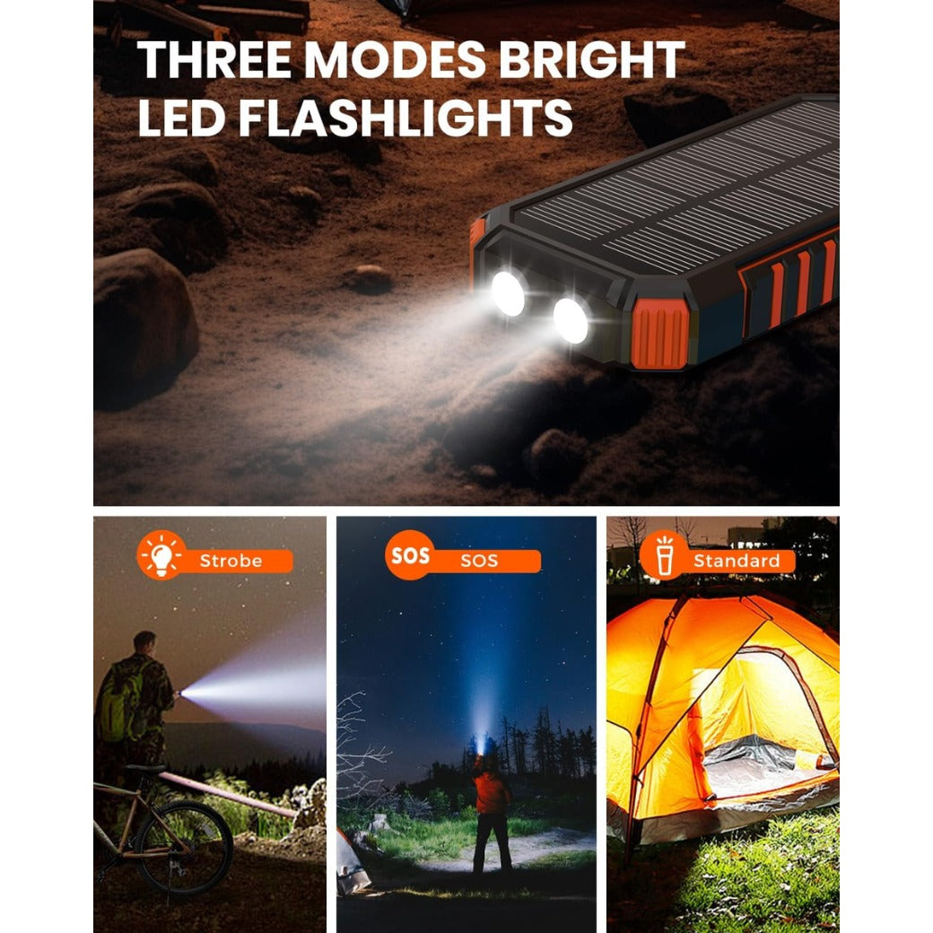 Hiluckey Power Bank Solar Charger - 27000mAh with Built-in 3 Cables Five Outputs 15W Fast Charging External Battery Pack for All Mobile Devices Solar Portable Charger with Dual Flashlights