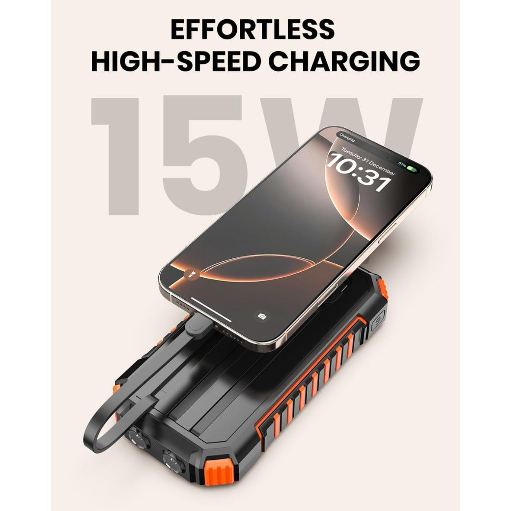 Hiluckey Power Bank Solar Charger - 27000mAh with Built-in 3 Cables Five Outputs 15W Fast Charging External Battery Pack for All Mobile Devices Solar Portable Charger with Dual Flashlights