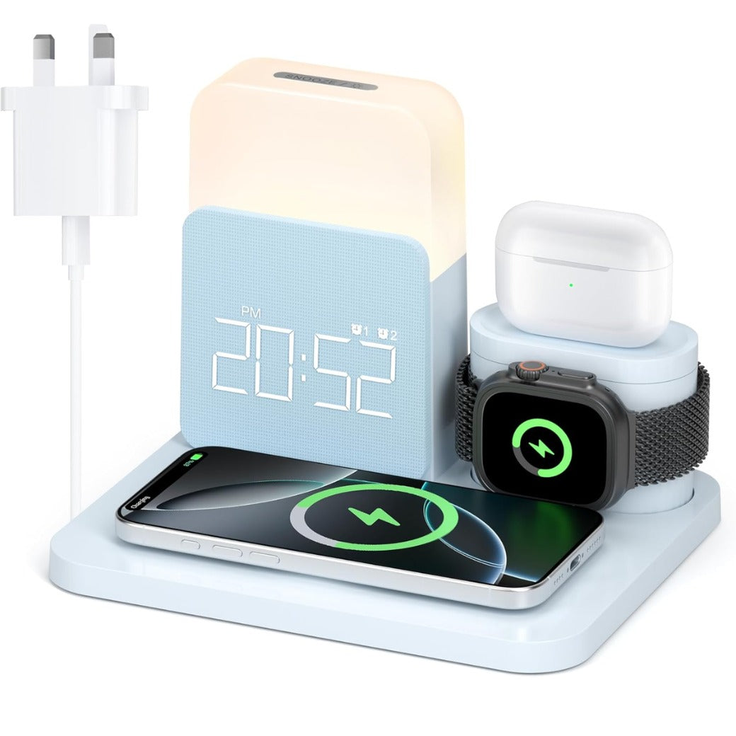 6 in 1 Wireless Charging Station, MagSafe 18W Wireless Charger with Alarm Clock, Night Light, Wireless Charger Stand for iPhone 16 15 14 13 12 11 X Pro Max, Apple Watch