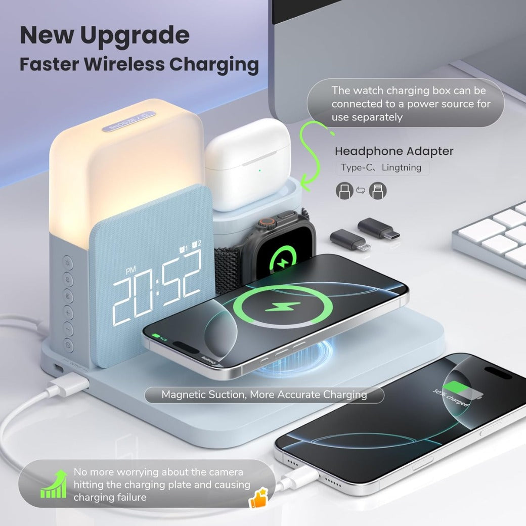 6 in 1 Wireless Charging Station, MagSafe 18W Wireless Charger with Alarm Clock, Night Light, Wireless Charger Stand for iPhone 16 15 14 13 12 11 X Pro Max, Apple Watch