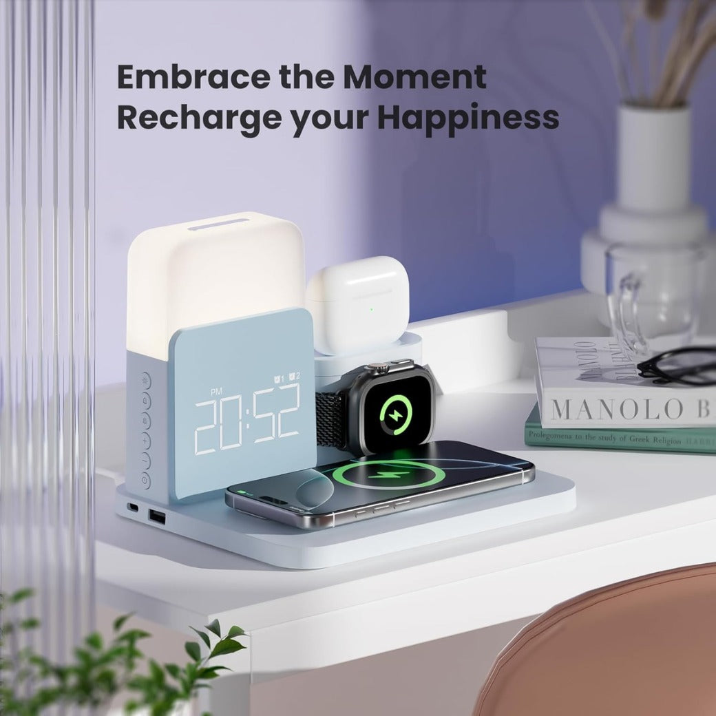 6 in 1 Wireless Charging Station, MagSafe 18W Wireless Charger with Alarm Clock, Night Light, Wireless Charger Stand for iPhone 16 15 14 13 12 11 X Pro Max, Apple Watch