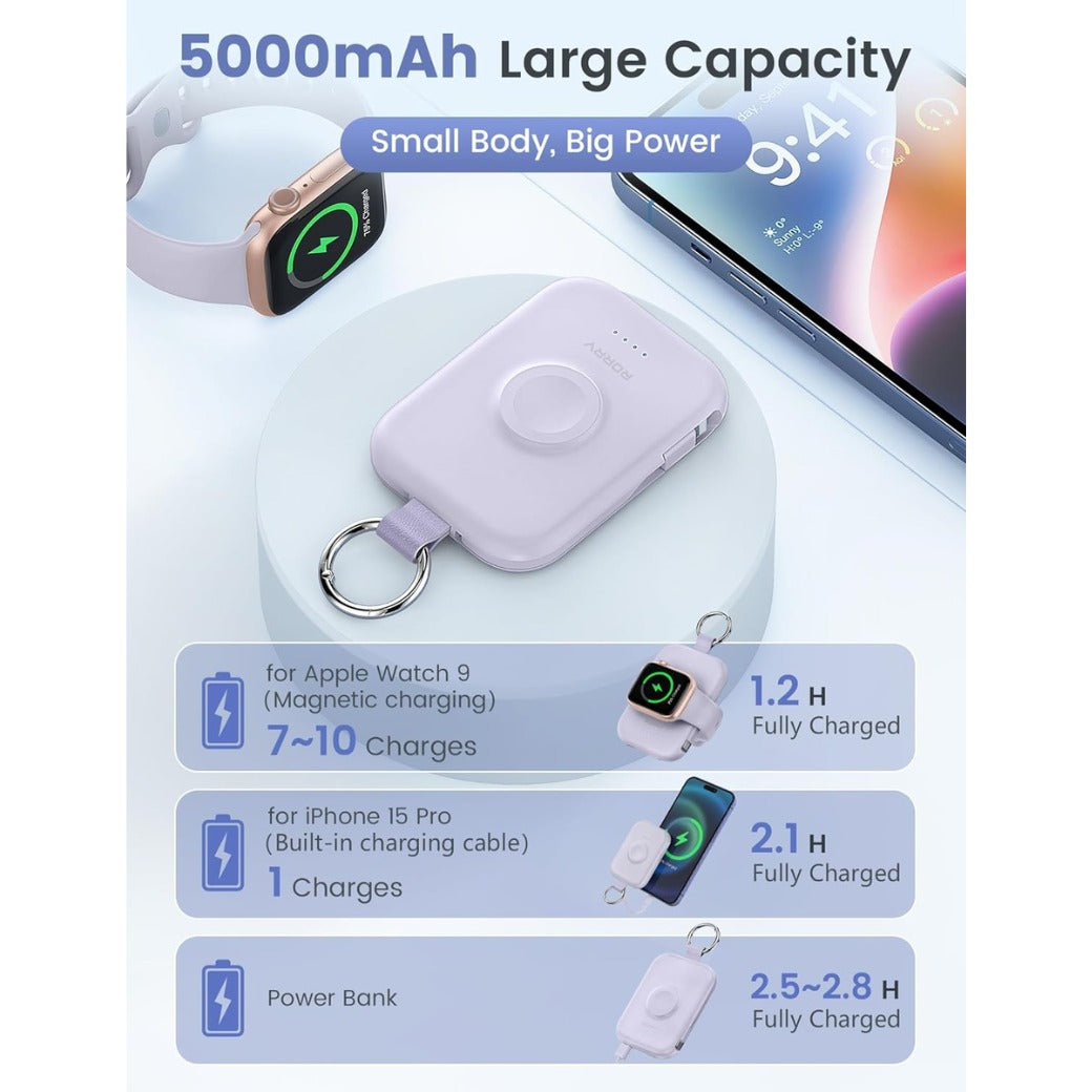 Portable Charger, 5000mAh Portable Charger Power Bank with Built-in Cables, Travel Keychain Battery Pack for iPhone Air/17/16/15/14/13/12, Apple Watch Ultra/11/10/9/8/7/6/SE, Purple