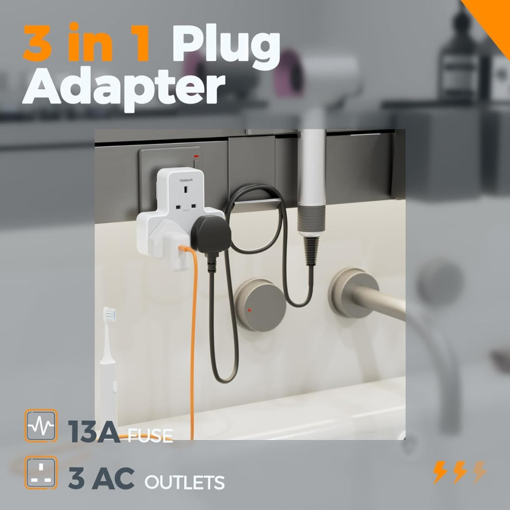 Multi Plug Extension Socket, TESSAN 3 Way Plug Adapter UK, Non Blocking Triple Socket Extensions