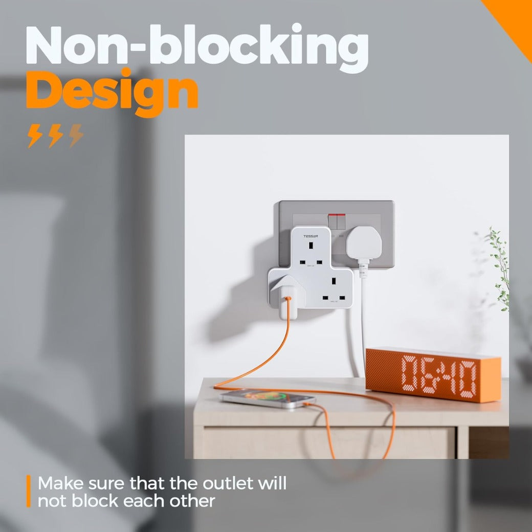 Multi Plug Extension Socket, TESSAN 3 Way Plug Adapter UK, Non Blocking Triple Socket Extensions