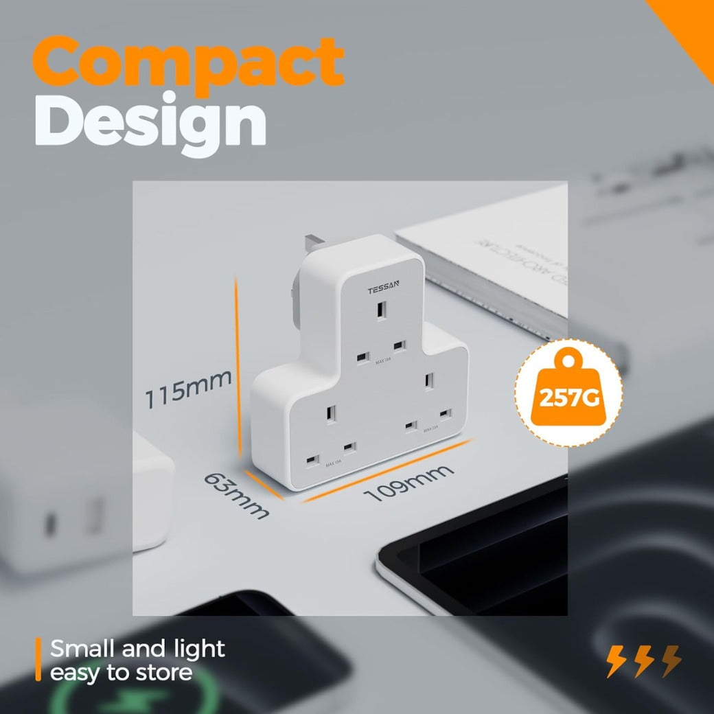 Multi Plug Extension Socket, TESSAN 3 Way Plug Adapter UK, Non Blocking Triple Socket Extensions