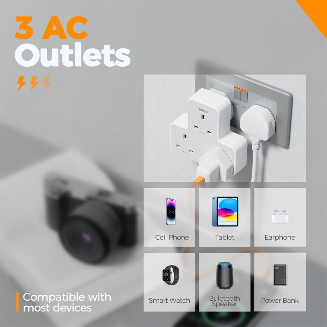 Multi Plug Extension Socket, TESSAN 3 Way Plug Adapter UK, Non Blocking Triple Socket Extensions