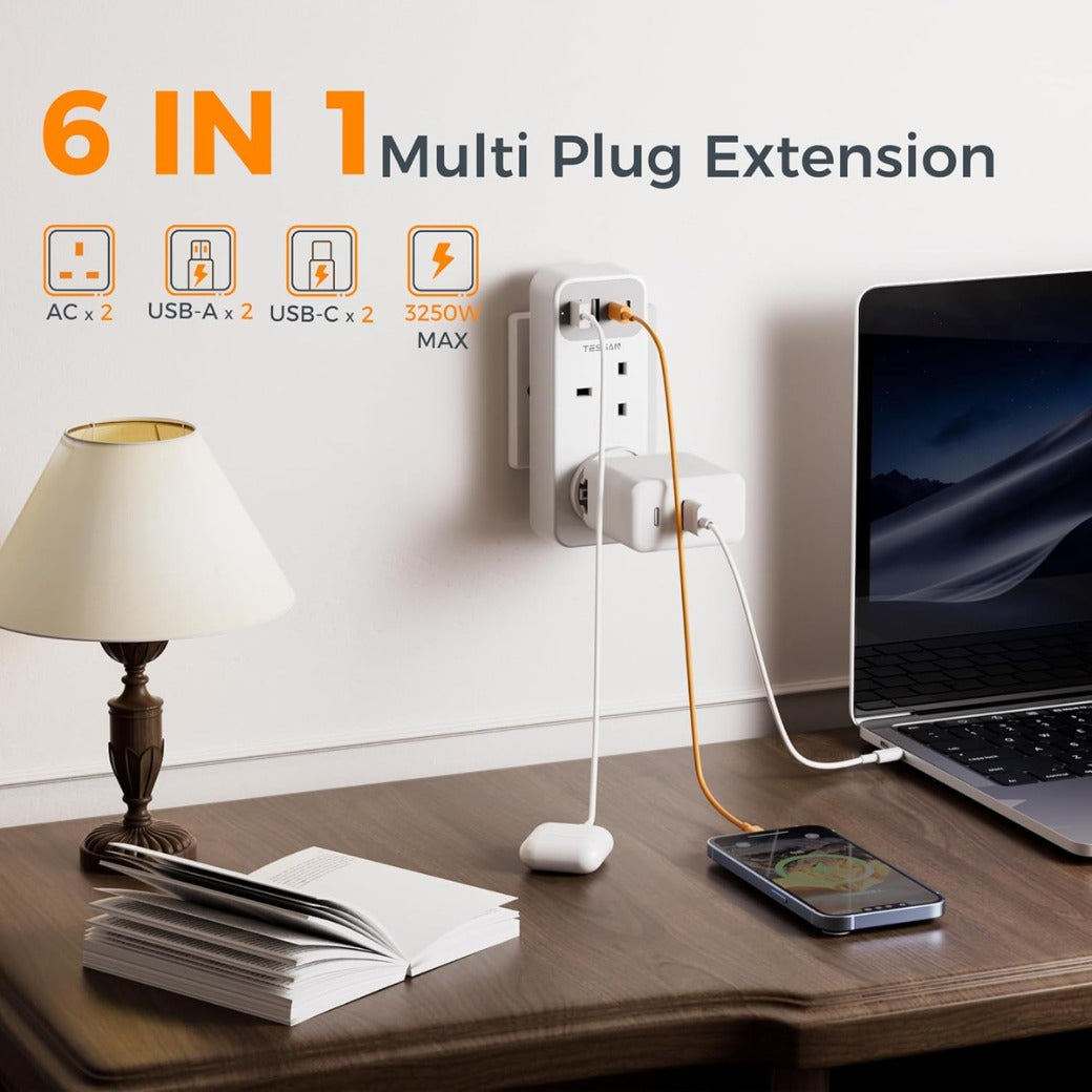 Double Plug Adaptor with 4 USB(2 USB C), TESSAN 2 Way Multi Plug Extension Adapter