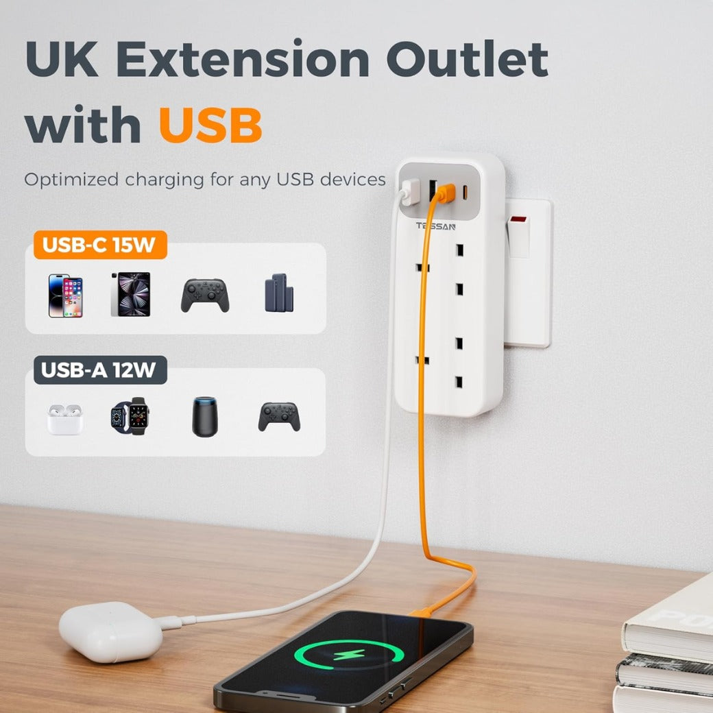 Double Plug Adaptor with 4 USB(2 USB C), TESSAN 2 Way Multi Plug Extension Adapter