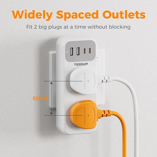 Double Plug Adaptor with 4 USB(2 USB C), TESSAN 2 Way Multi Plug Extension Adapter