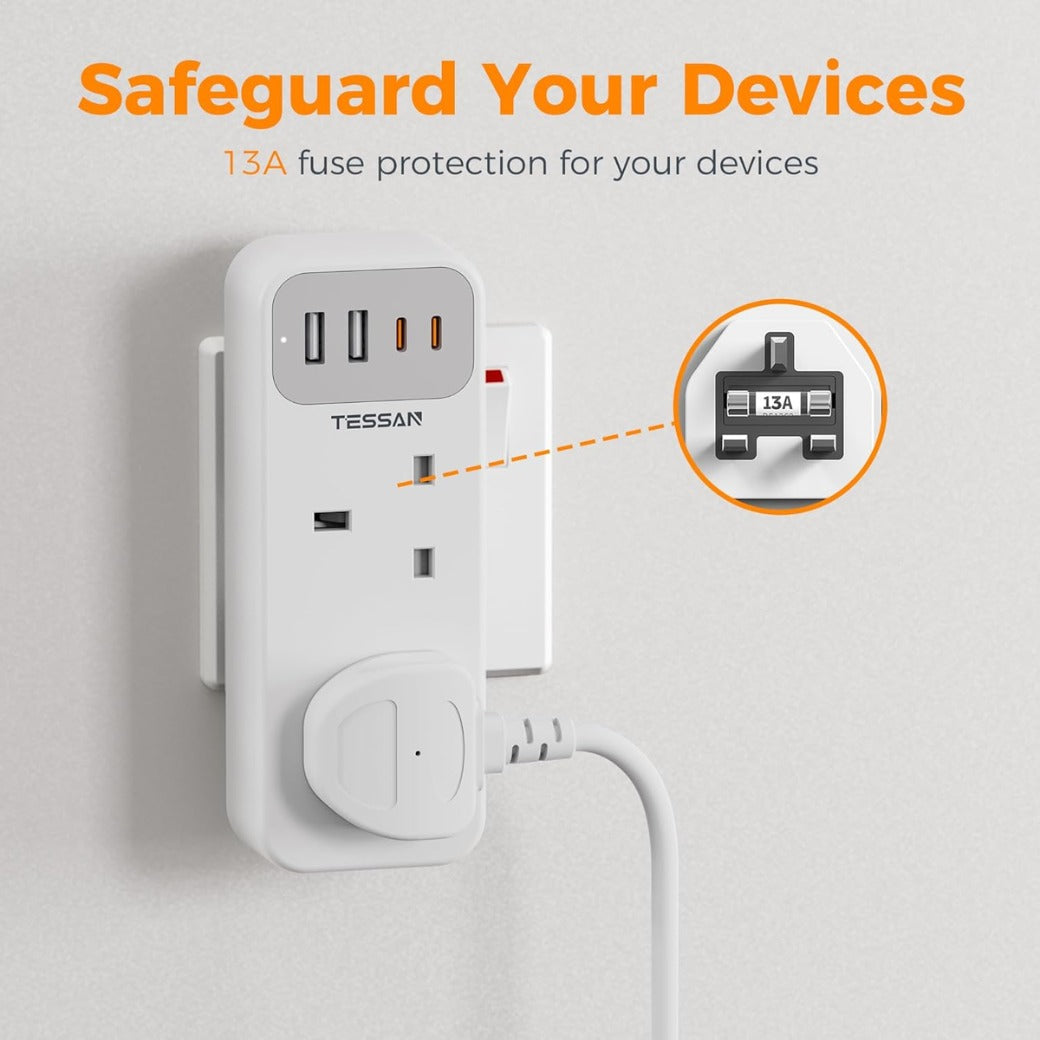 Double Plug Adaptor with 4 USB(2 USB C), TESSAN 2 Way Multi Plug Extension Adapter