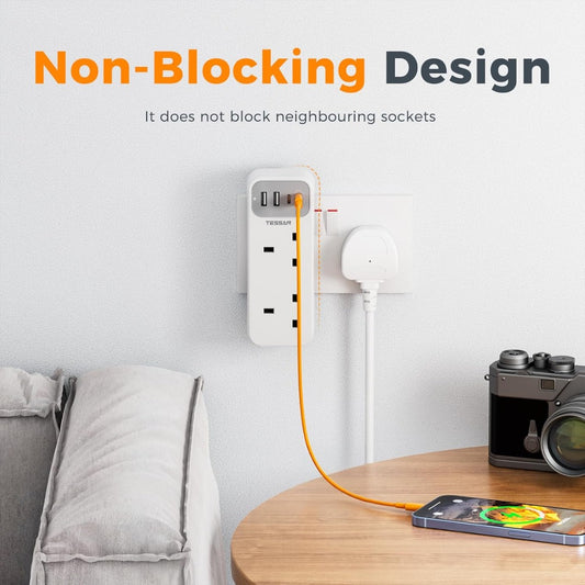 Double Plug Adaptor with 4 USB(2 USB C), TESSAN 2 Way Multi Plug Extension Adapter