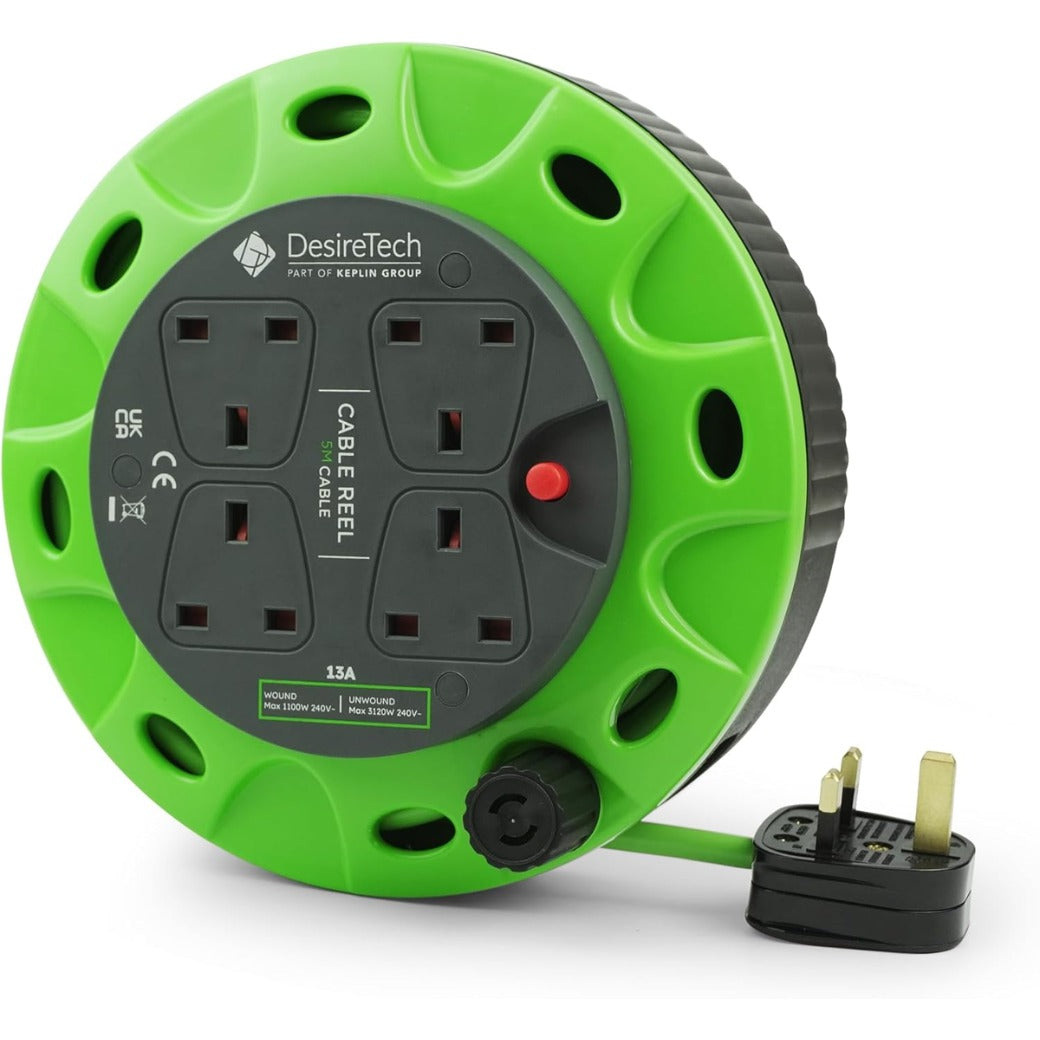4 Socket Extension Lead - 5m Portable Cable Reel - Thermal Cut Out, Ergonomic Handle