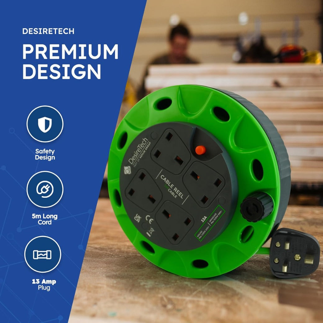 4 Socket Extension Lead - 5m Portable Cable Reel - Thermal Cut Out, Ergonomic Handle