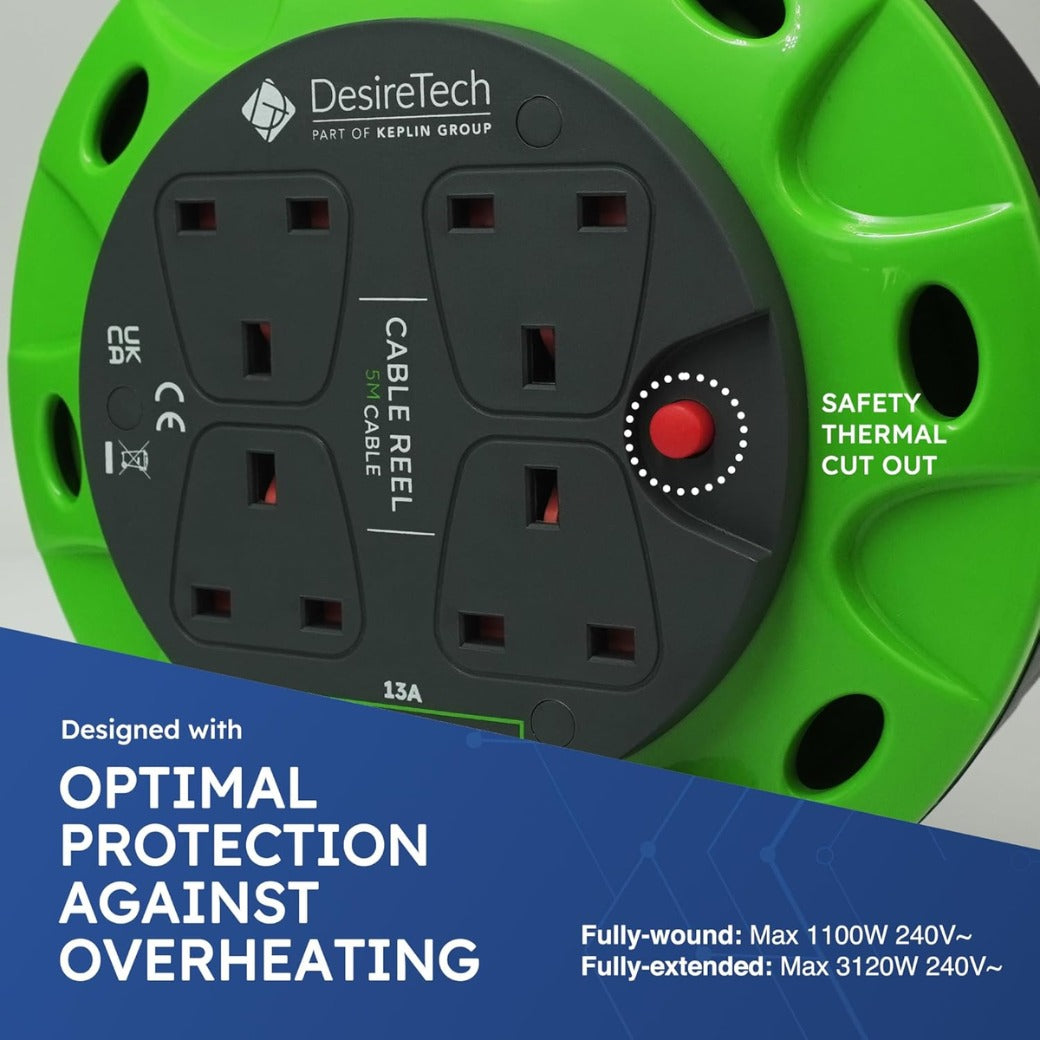 4 Socket Extension Lead - 5m Portable Cable Reel - Thermal Cut Out, Ergonomic Handle