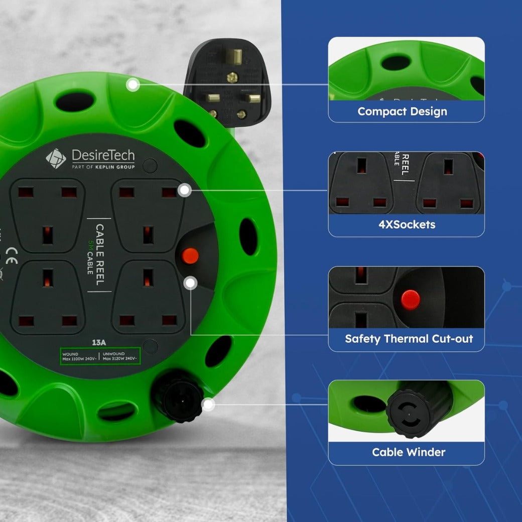 4 Socket Extension Lead - 5m Portable Cable Reel - Thermal Cut Out, Ergonomic Handle