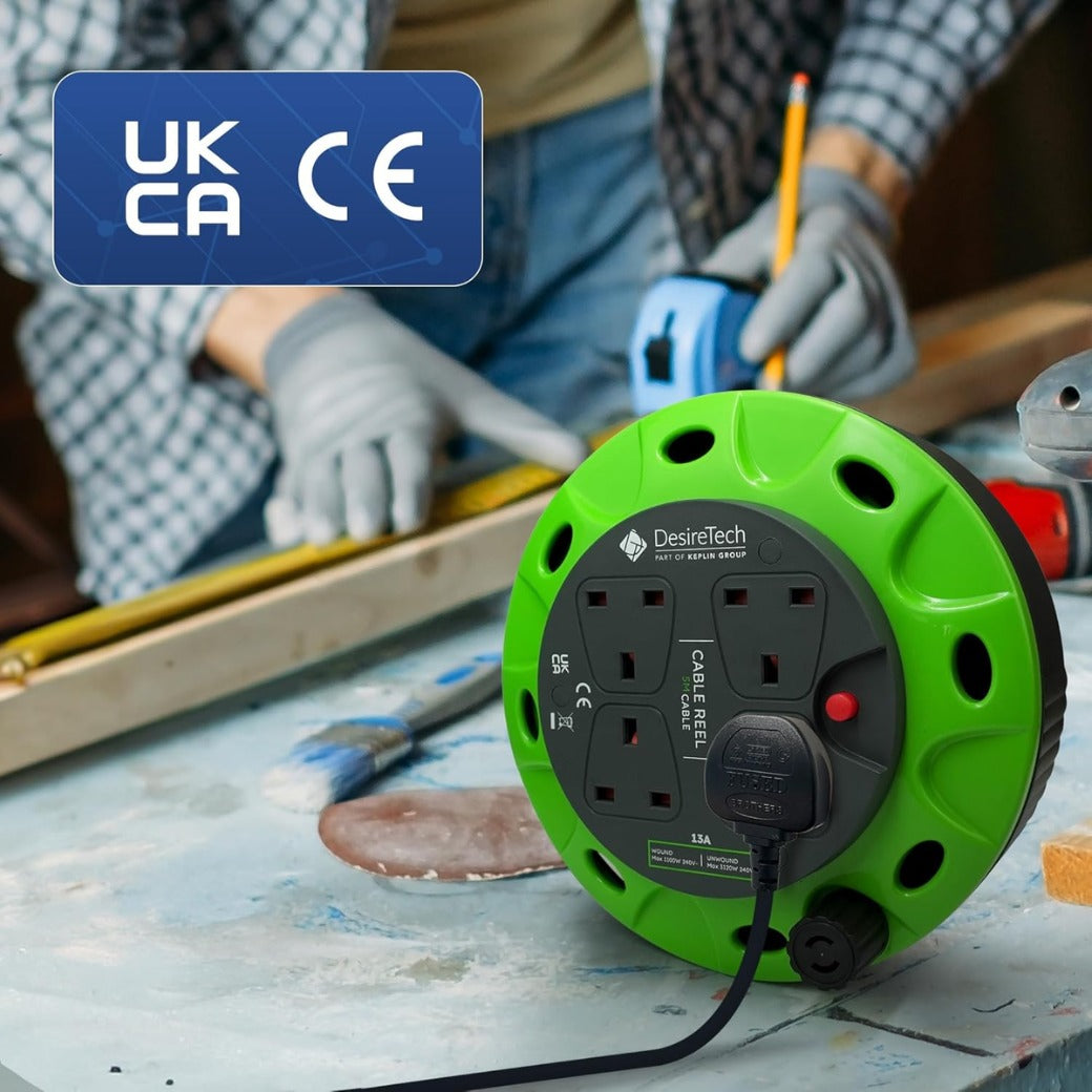 4 Socket Extension Lead - 5m Portable Cable Reel - Thermal Cut Out, Ergonomic Handle