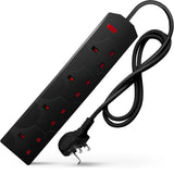 Black Electric Extension Lead - 4 Gang, 1 Metre Cable with UK Plug & 3 Pin Socket