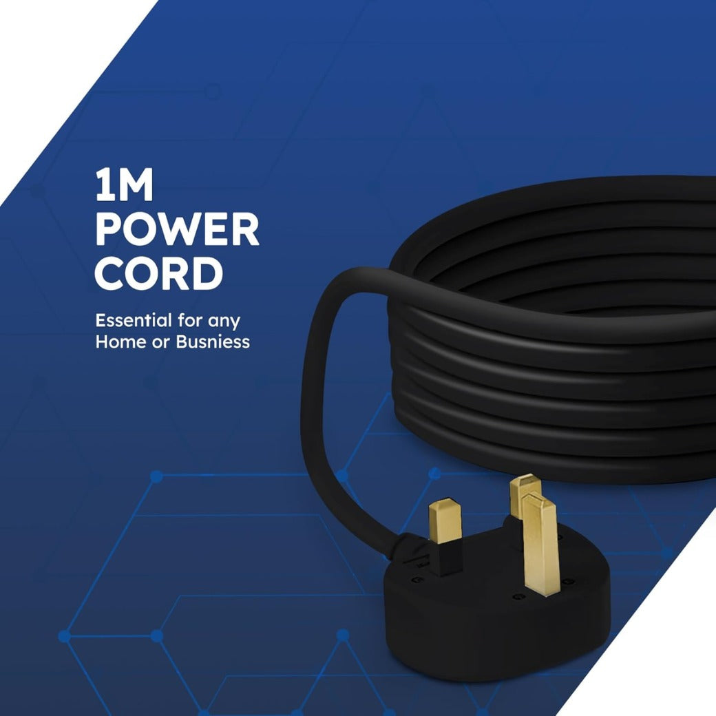 Black Electric Extension Lead - 4 Gang, 1 Metre Cable with UK Plug & 3 Pin Socket