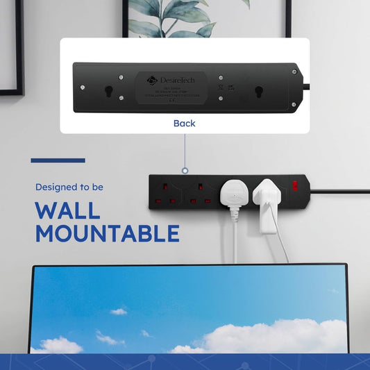 Black Electric Extension Lead - 4 Gang, 1 Metre Cable with UK Plug & 3 Pin Socket