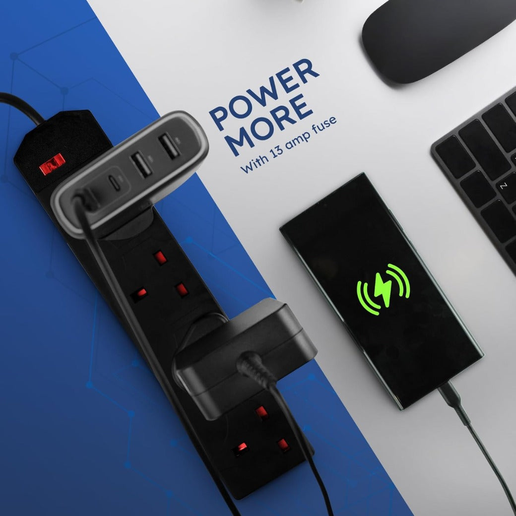 Black Electric Extension Lead - 4 Gang, 1 Metre Cable with UK Plug & 3 Pin Socket