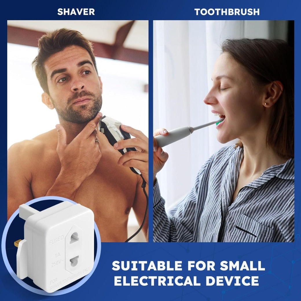 UK Shaver Adaptor Plug - Fused 1A 250V 2-Pin to 3-Pin Converter - CE Certified Plug for Electric Shaver & Toothbrus