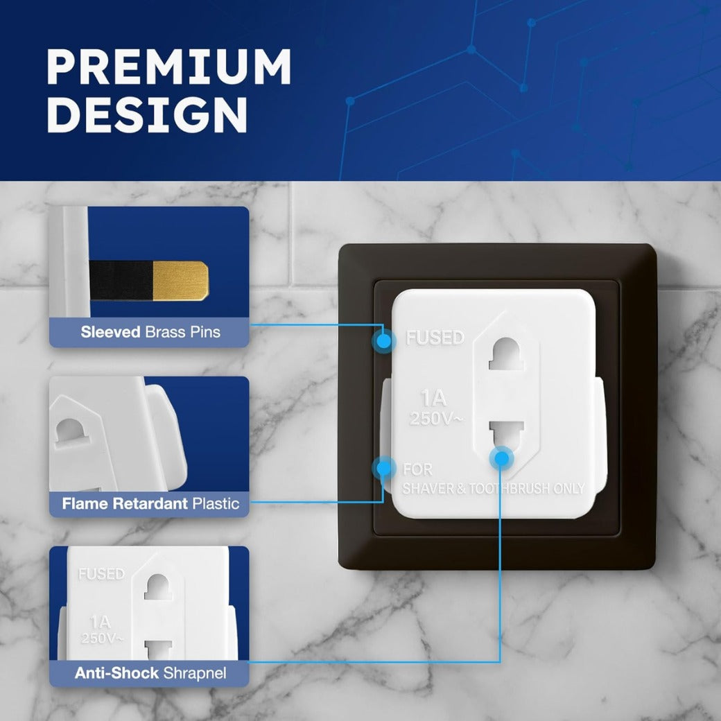 UK Shaver Adaptor Plug - Fused 1A 250V 2-Pin to 3-Pin Converter - CE Certified Plug for Electric Shaver & Toothbrus