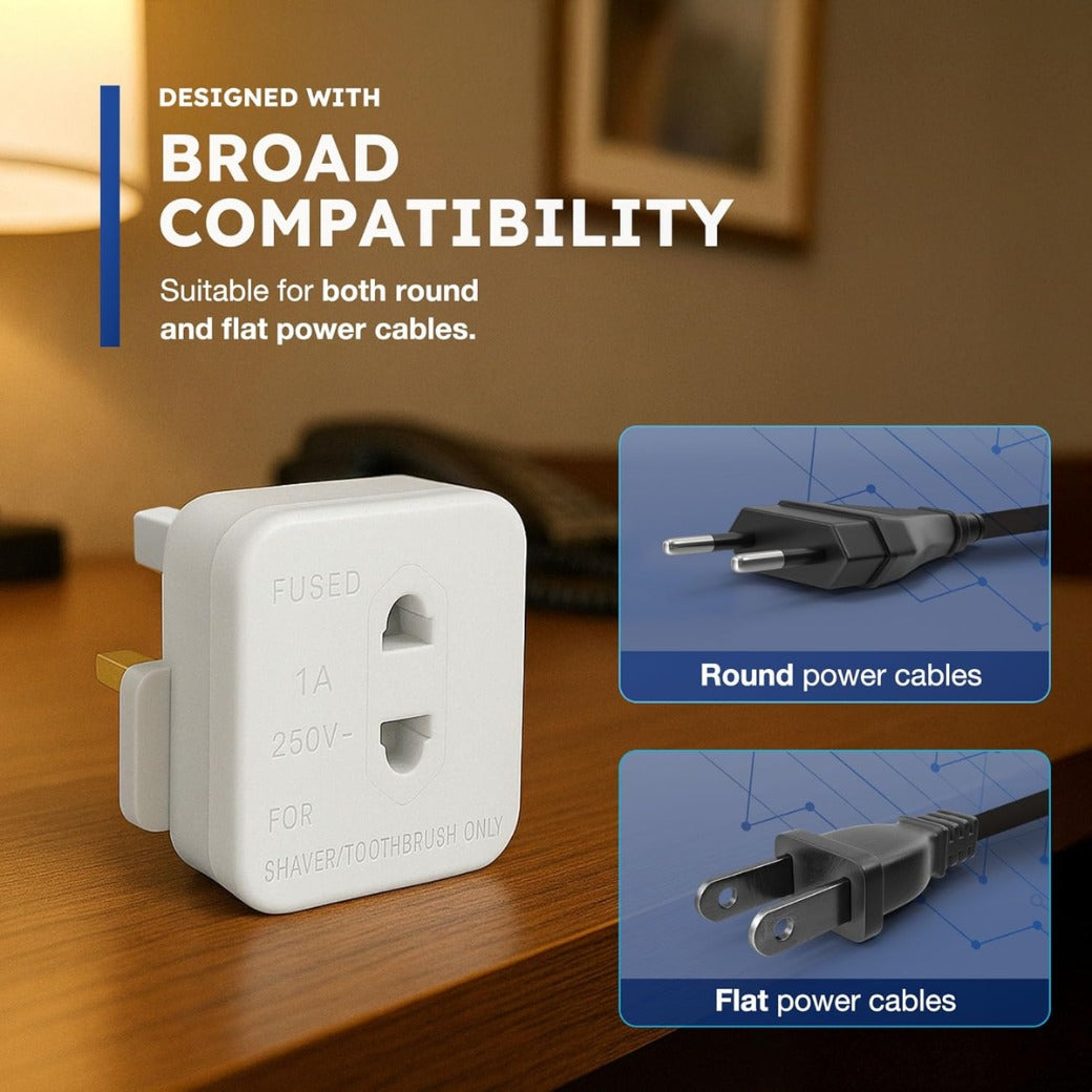 UK Shaver Adaptor Plug - Fused 1A 250V 2-Pin to 3-Pin Converter - CE Certified Plug for Electric Shaver & Toothbrus