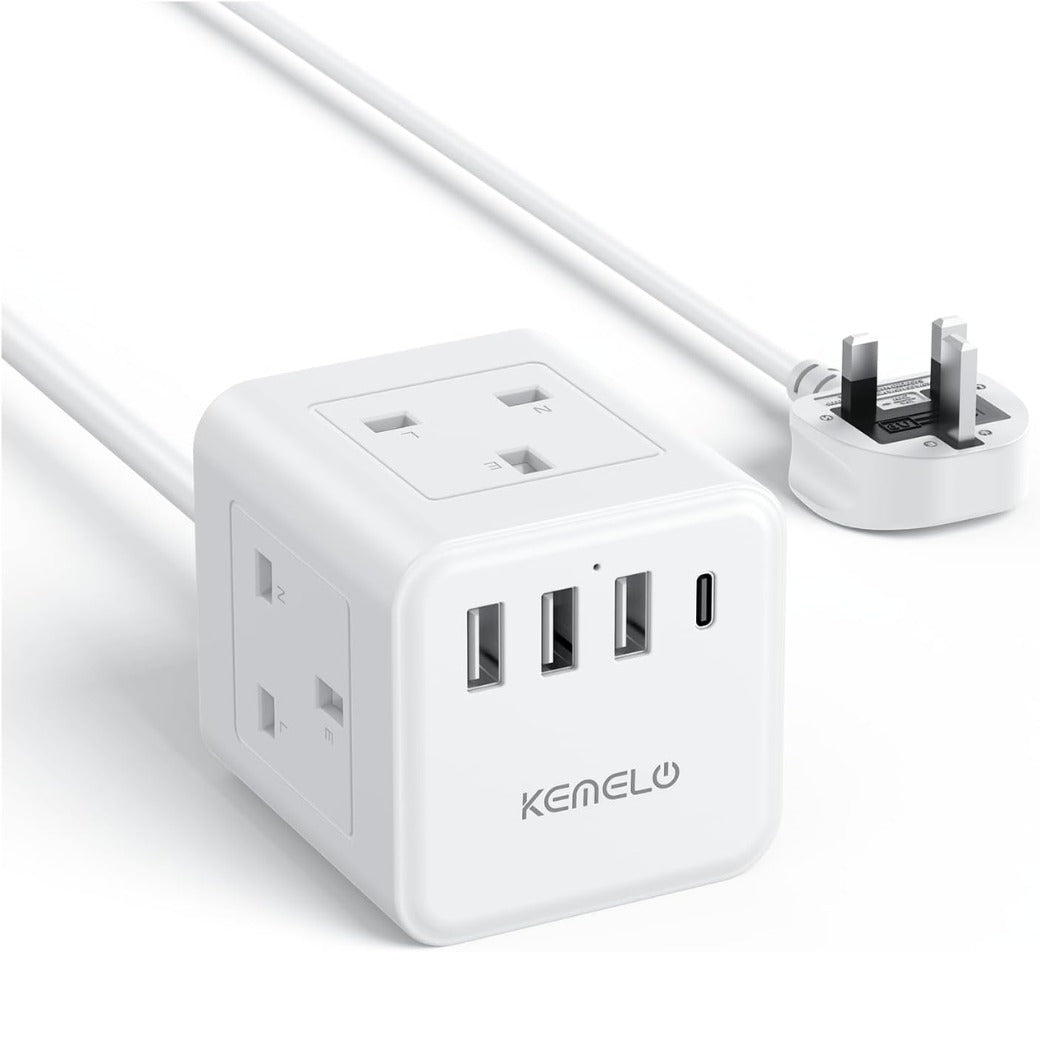 Cube Extension Lead with 4 USB Slots, Kemelo 4 Way (13A/3250W) Multi Plug Extension Cable with Child Safety UK Desktop Power Extension Socke