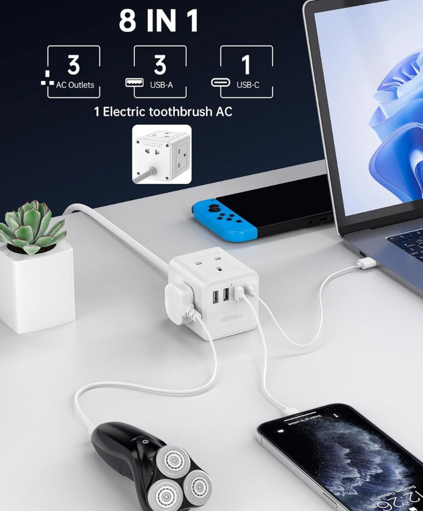 Cube Extension Lead with 4 USB Slots, Kemelo 4 Way (13A/3250W) Multi Plug Extension Cable with Child Safety UK Desktop Power Extension Socke