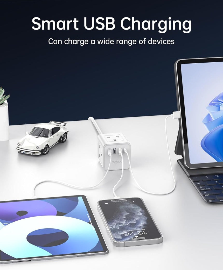 Cube Extension Lead with 4 USB Slots, Kemelo 4 Way (13A/3250W) Multi Plug Extension Cable with Child Safety UK Desktop Power Extension Socke