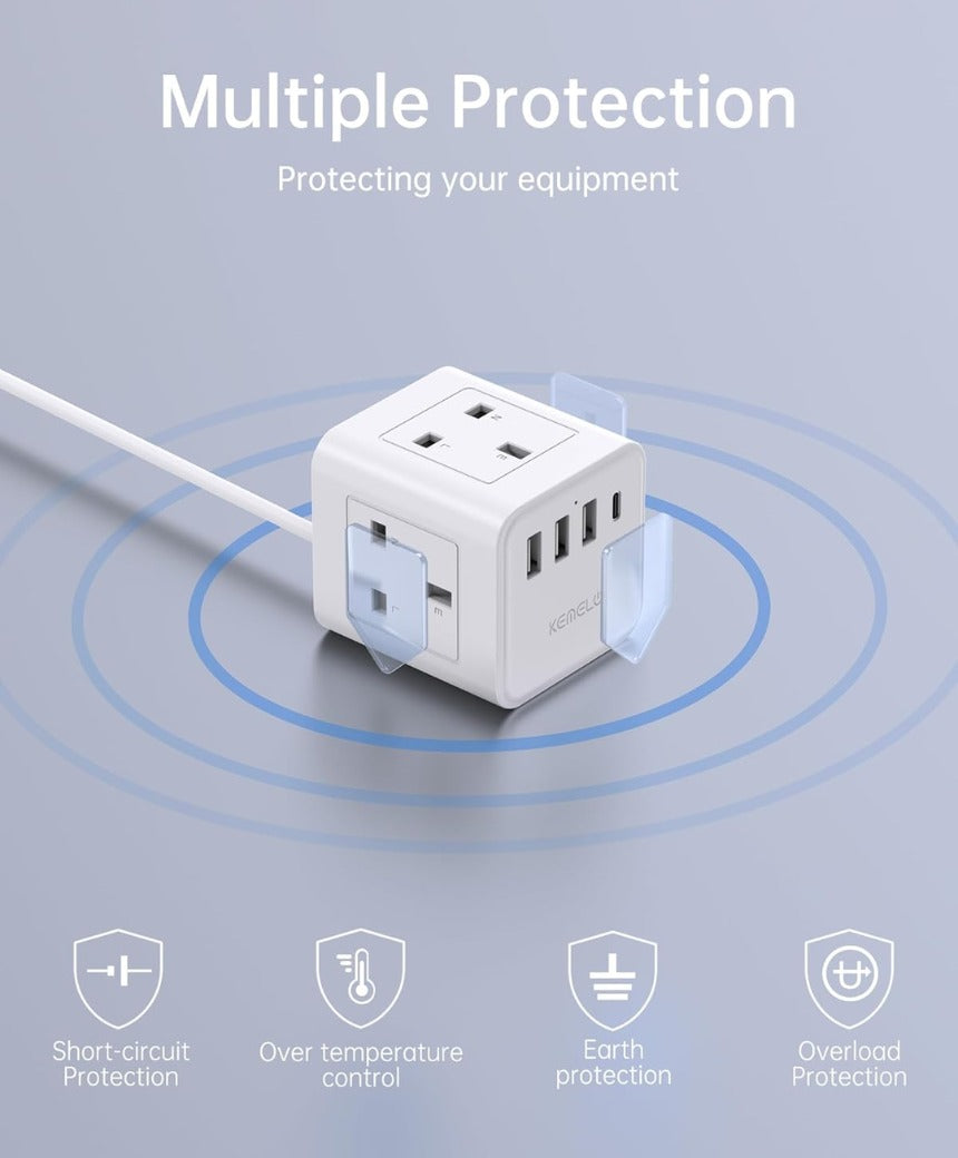 Cube Extension Lead with 4 USB Slots, Kemelo 4 Way (13A/3250W) Multi Plug Extension Cable with Child Safety UK Desktop Power Extension Socke