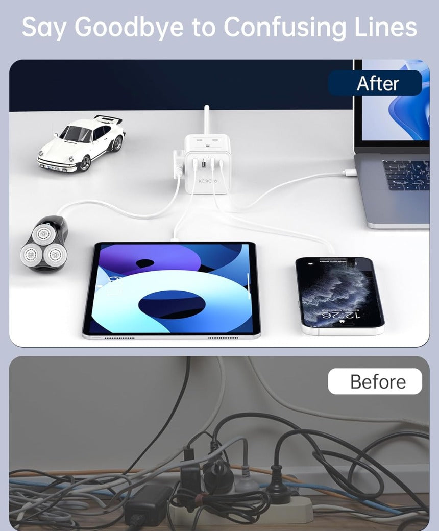 Cube Extension Lead with 4 USB Slots, Kemelo 4 Way (13A/3250W) Multi Plug Extension Cable with Child Safety UK Desktop Power Extension Socke