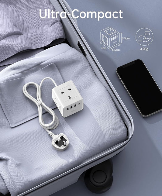 Cube Extension Lead with 4 USB Slots, Kemelo 4 Way (13A/3250W) Multi Plug Extension Cable with Child Safety UK Desktop Power Extension Socke