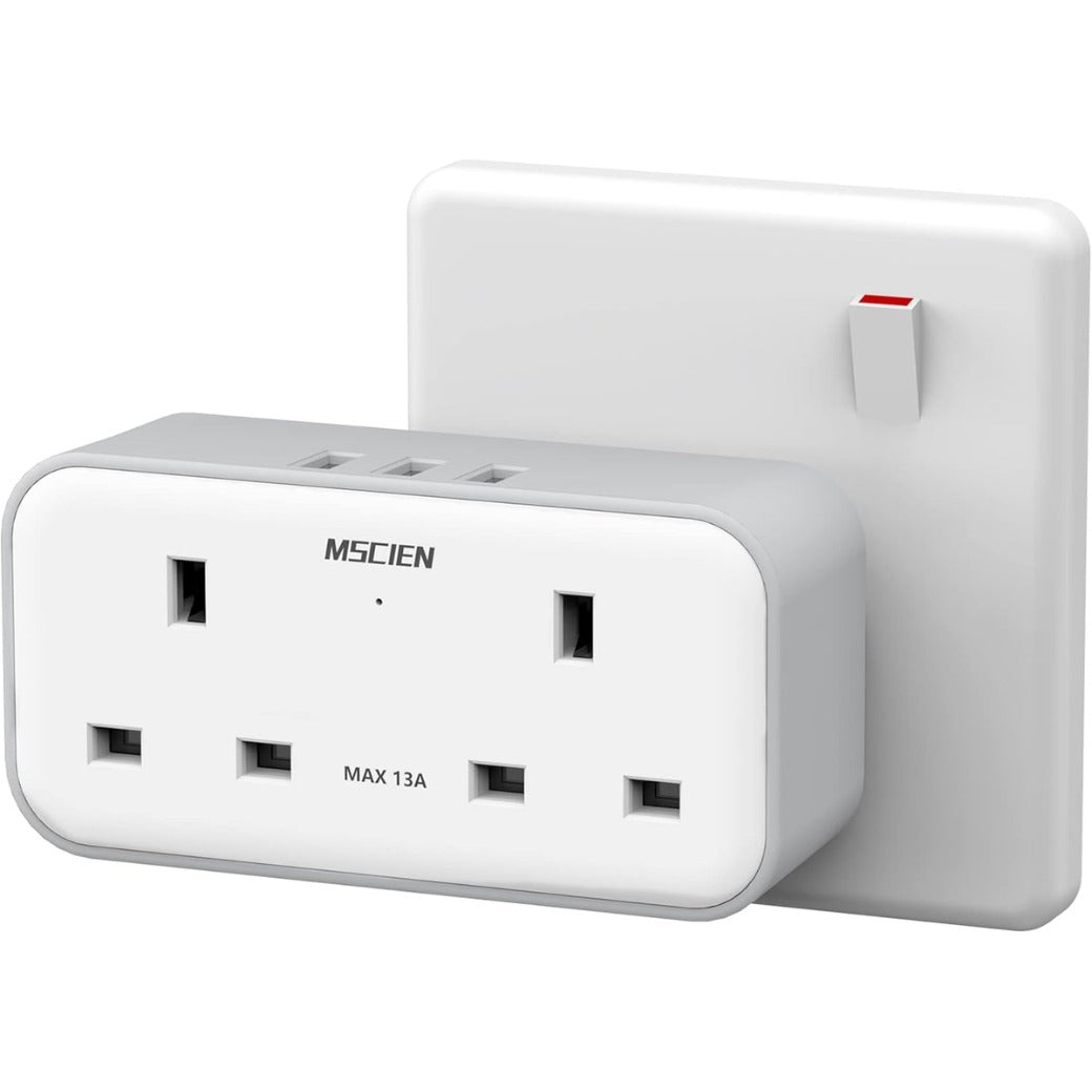Plug Adapter with 3 USB, Mscien Double Plug Adaptor, Multi Plug Extension, Dual 2 Pin Socket at The Bottom, 13A UK Surge Protected Multiplug Extender