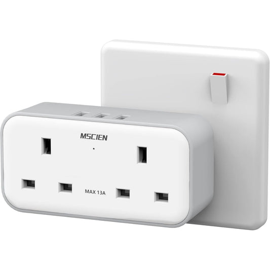 Plug Adapter with 3 USB, Mscien Double Plug Adaptor, Multi Plug Extension, Dual 2 Pin Socket at The Bottom, 13A UK Surge Protected Multiplug Extender