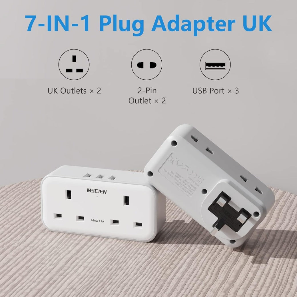 Plug Adapter with 3 USB, Mscien Double Plug Adaptor, Multi Plug Extension, Dual 2 Pin Socket at The Bottom, 13A UK Surge Protected Multiplug Extender