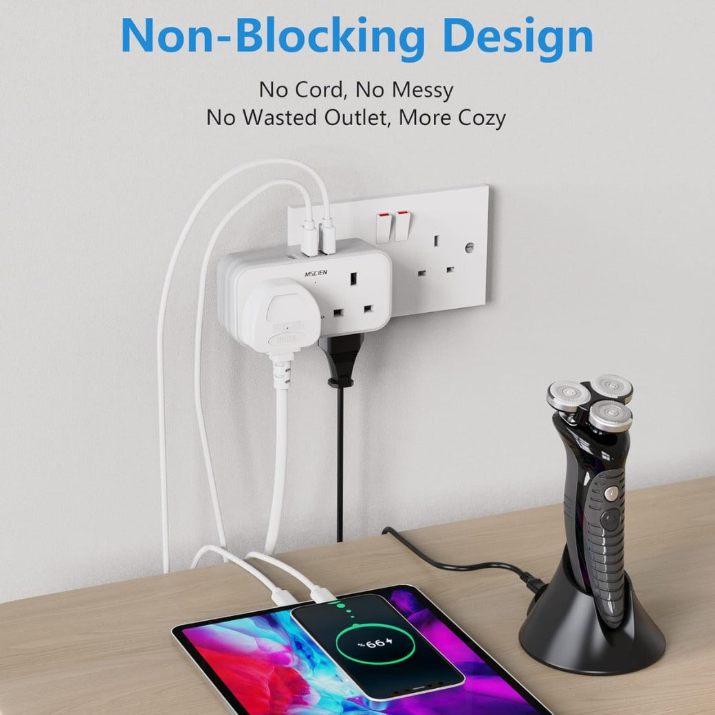 Plug Adapter with 3 USB, Mscien Double Plug Adaptor, Multi Plug Extension, Dual 2 Pin Socket at The Bottom, 13A UK Surge Protected Multiplug Extender
