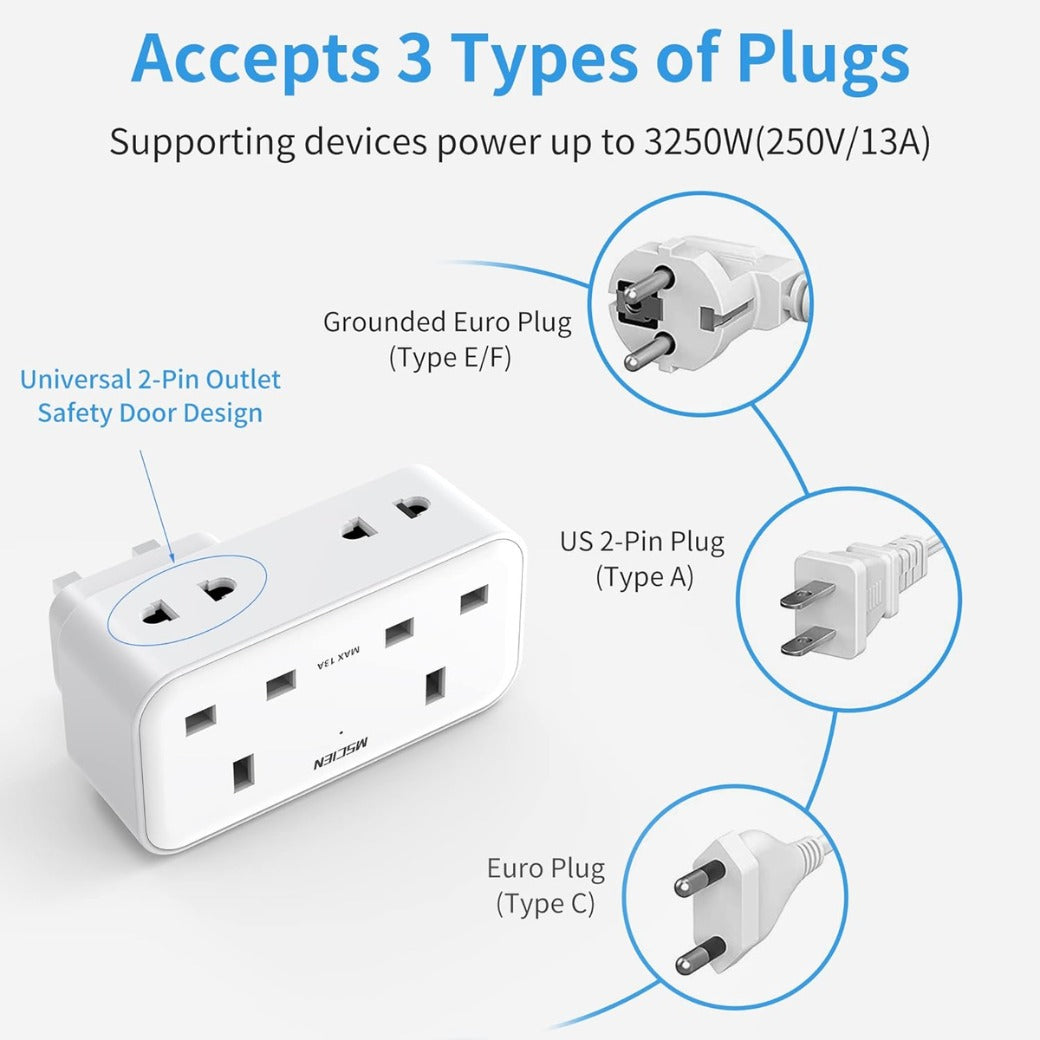 Plug Adapter with 3 USB, Mscien Double Plug Adaptor, Multi Plug Extension, Dual 2 Pin Socket at The Bottom, 13A UK Surge Protected Multiplug Extender