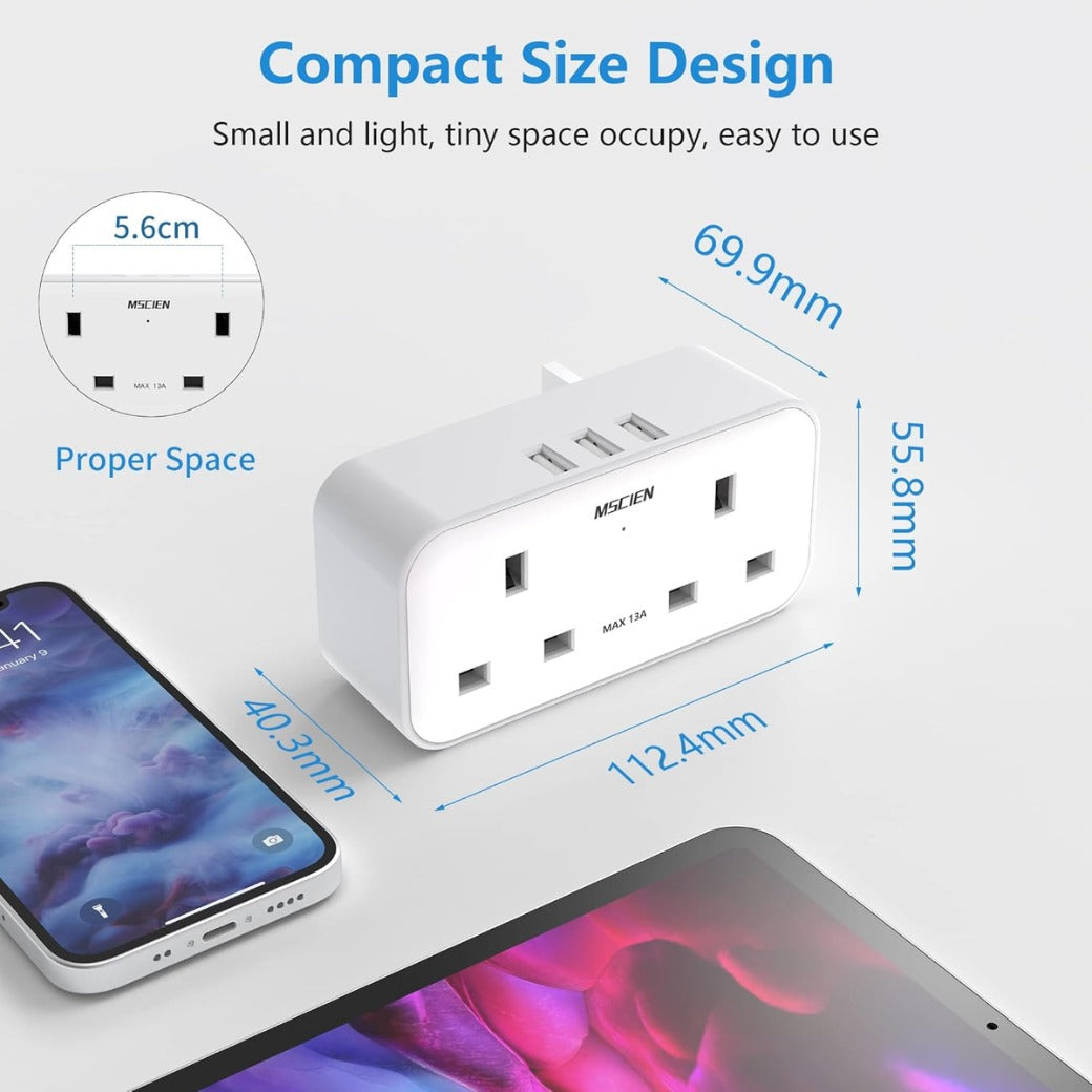 Plug Adapter with 3 USB, Mscien Double Plug Adaptor, Multi Plug Extension, Dual 2 Pin Socket at The Bottom, 13A UK Surge Protected Multiplug Extender