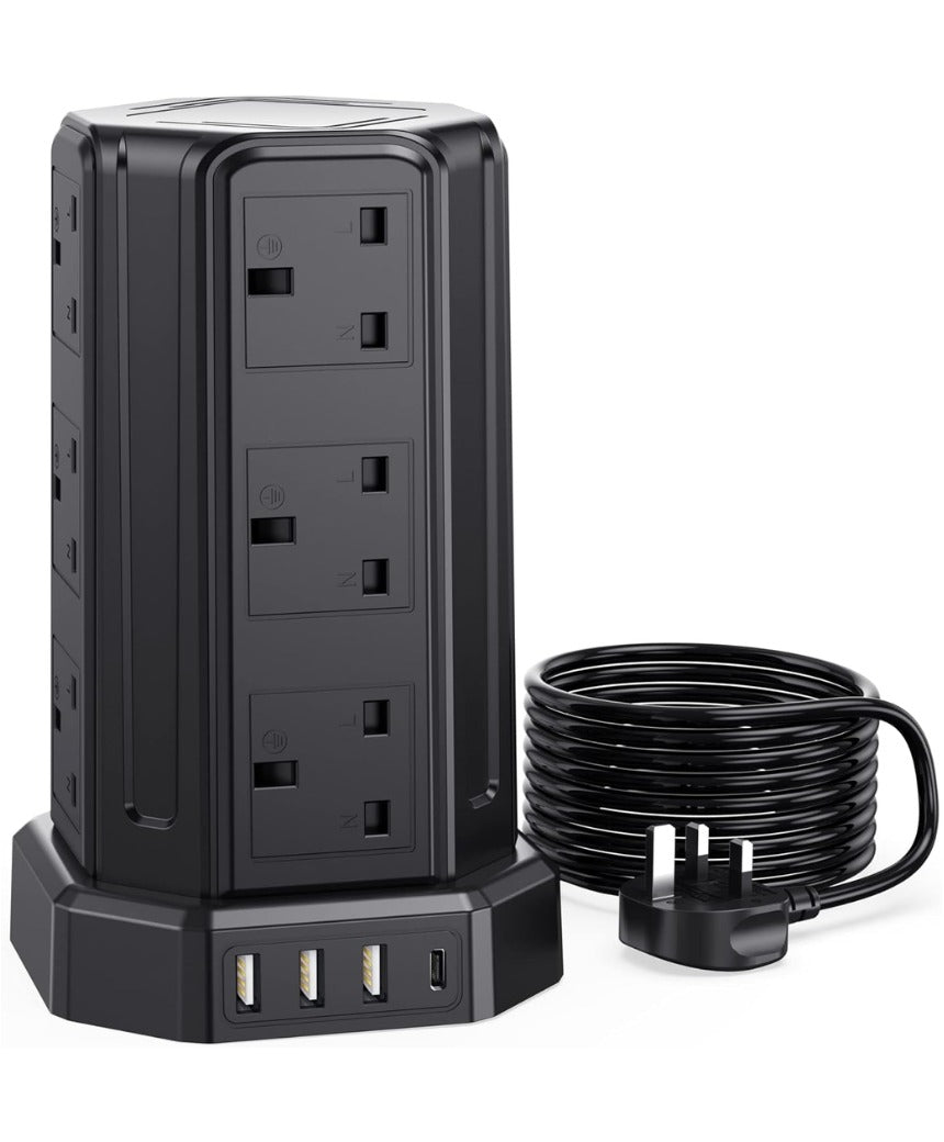 Click to see full view Extension Lead 5M, [13A 3250W] 12 Way Tower Extension Lead Multi Plug Extension Sockets with 4 USB Slots