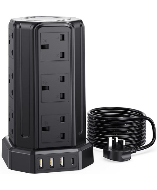 Click to see full view Extension Lead 5M, [13A 3250W] 12 Way Tower Extension Lead Multi Plug Extension Sockets with 4 USB Slots